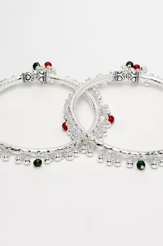 women set of 2 silver-plated kada anklets