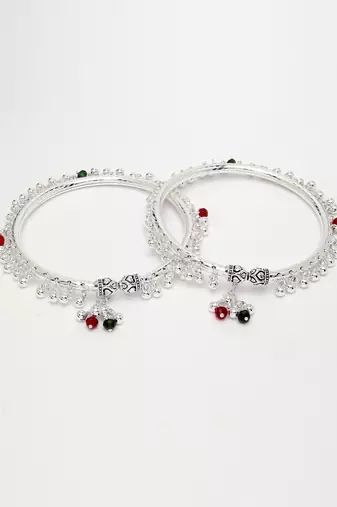 women set of 2 silver-plated kada anklets