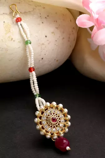 women gold-plated cz stone-studded borla maang tikka