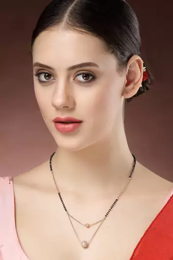 women rose gold cz stone-studded & beaded layered mangalsutra