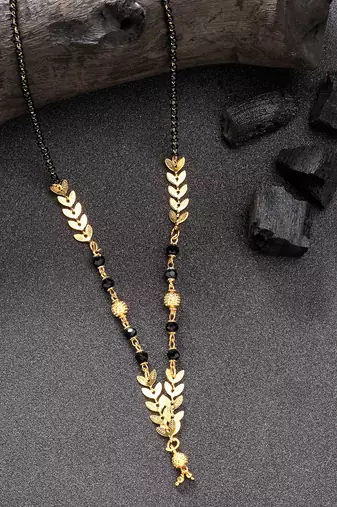 women short mangalsutra designs gold plated & black beaded mangalsutra