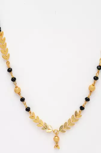 women short mangalsutra designs gold plated & black beaded mangalsutra