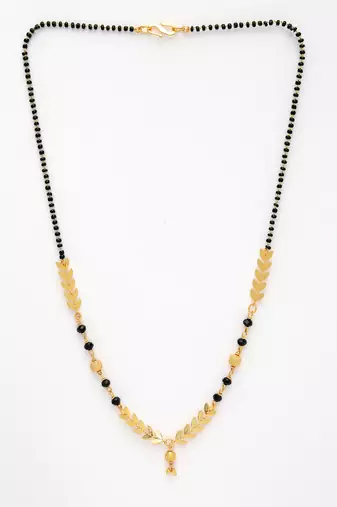 women short mangalsutra designs gold plated & black beaded mangalsutra