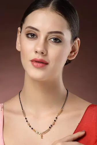 women short mangalsutra designs gold plated & black beaded mangalsutra