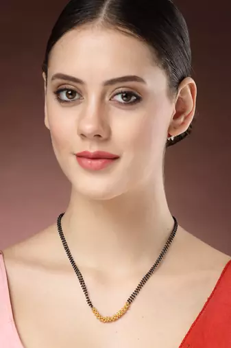 women gold-plated black beaded mangalsutra
