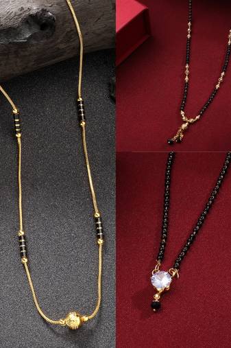 women set of 3 gold-plated cz stone-studded & beaded mangalsutra