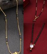 women set of 3 gold-plated cz stone-studded & beaded mangalsutra