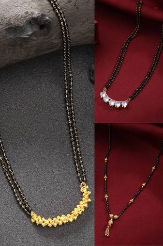 women set of 3 gold-plated cz stone-studded & beaded mangalsutra