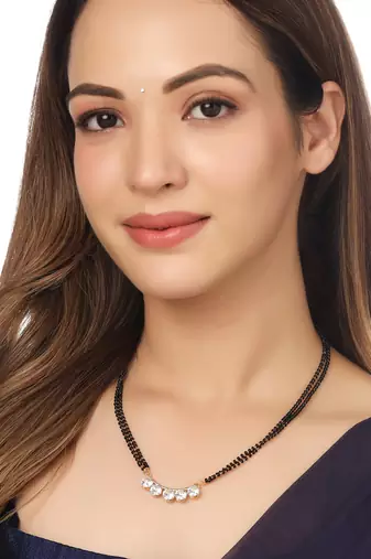 women set of 5 gold-plated cz stone-studded & beaded mangalsutra