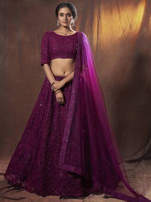 entrancing purple thread embroidered net festival lehenga set choli with dupatta 1