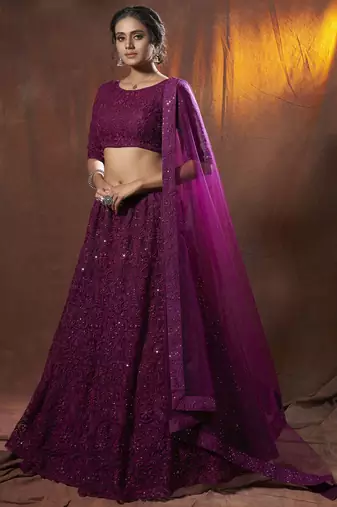 entrancing purple thread embroidered net festival lehenga set choli with dupatta