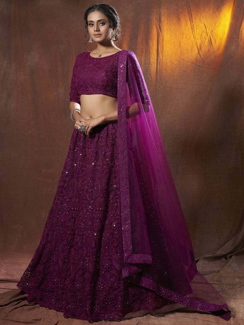 Entrancing Purple Thread Embroidered Net Festival Wear Lehenga Choli
