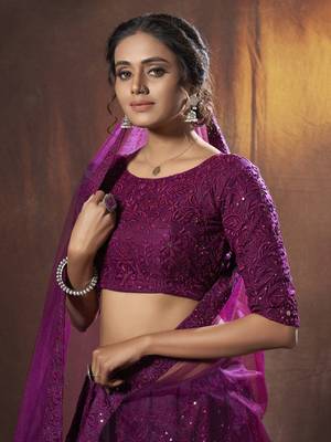 entrancing purple thread embroidered net festival lehenga set choli with dupatta 3