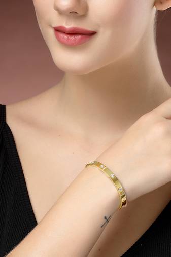 women gold-plated cz stone-studded kada bracelet