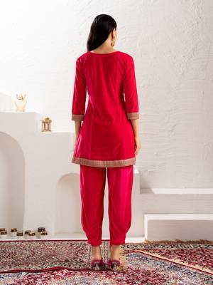 Aask women solid velvet lace work red color kurta & pant set 2