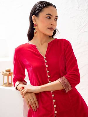 Aask women solid velvet lace work red color kurta & pant set 3