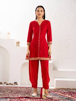 Aask women solid velvet lace work red color kurta & pant set 4