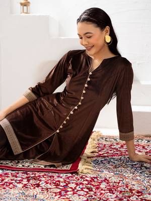 Aask women solid velvet lace work brown color kurta & pant set 3