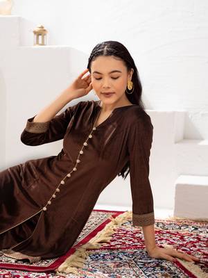 Aask women solid velvet lace work brown color kurta & pant set 4