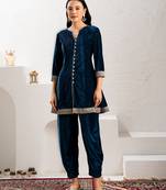 Aask women solid velvet lace work navy blue color kurta & pant set