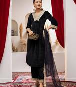 Aask women solid velvet lace work black color kurta pant & dupatta set