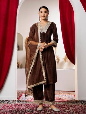 Aask women solid velvet lace work brown color kurta pant & dupatta set 1