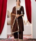 Aask women solid velvet lace work brown color kurta pant & dupatta set