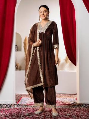Aask women solid velvet lace work brown color kurta pant & dupatta set 2