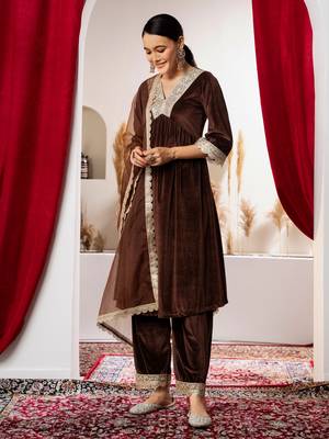 Aask women solid velvet lace work brown color kurta pant & dupatta set 4