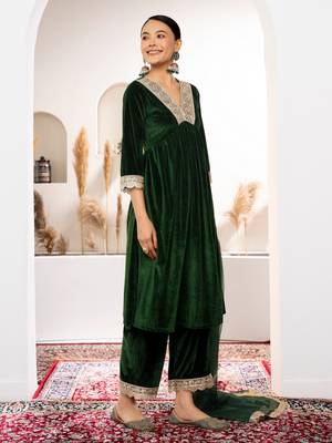 Aask women solid velvet lace work green color kurta pant & dupatta set 3