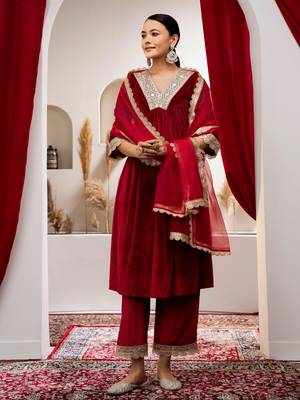 Aask women solid velvet lace work maroon color kurta pant & dupatta set 1