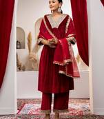 Aask women solid velvet lace work maroon color kurta pant & dupatta set