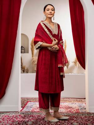 Aask women solid velvet lace work maroon color kurta pant & dupatta set 2