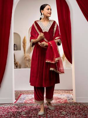 Aask women solid velvet lace work maroon color kurta pant & dupatta set 3