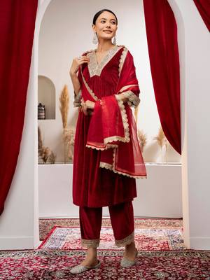 Aask women solid velvet lace work maroon color kurta pant & dupatta set 4