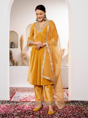 Aask women solid velvet lace work mustard color kurta pant & dupatta set 1