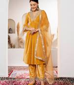 Aask women solid velvet lace work mustard color kurta pant & dupatta set