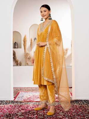 Aask women solid velvet lace work mustard color kurta pant & dupatta set 2