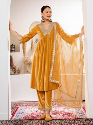 Aask women solid velvet lace work mustard color kurta pant & dupatta set 3