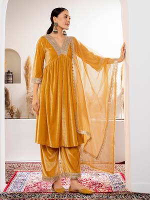 Aask women solid velvet lace work mustard color kurta pant & dupatta set 4