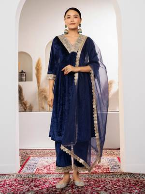 Aask women solid velvet lace work navy blue color kurta pant & dupatta set 1