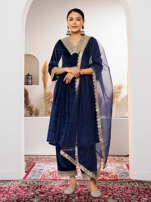 Aask women solid velvet lace work navy blue color kurta pant & dupatta set 2