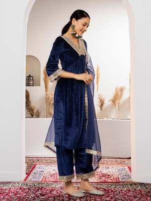 Aask women solid velvet lace work navy blue color kurta pant & dupatta set 3