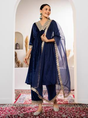 Aask women solid velvet lace work navy blue color kurta pant & dupatta set 4