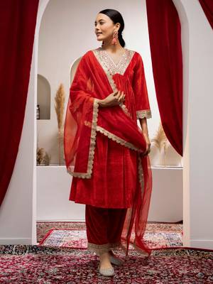 Aask women solid velvet lace work red color kurta pant & dupatta set 1
