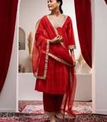 Aask women solid velvet lace work red color kurta pant & dupatta set