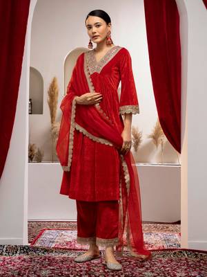 Aask women solid velvet lace work red color kurta pant & dupatta set 2