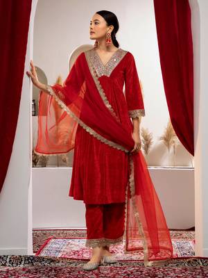 Aask women solid velvet lace work red color kurta pant & dupatta set 3