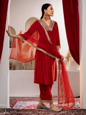 Aask women solid velvet lace work red color kurta pant & dupatta set 4
