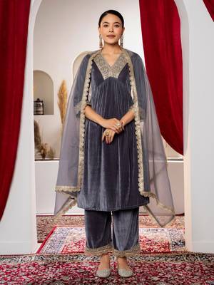Aask women solid velvet lace work silver color kurta pant & dupatta set 1